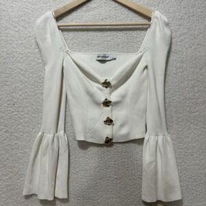 Self-Portrait Women's White Ribbed Knit Flared Sleeve Cardigan Size Small